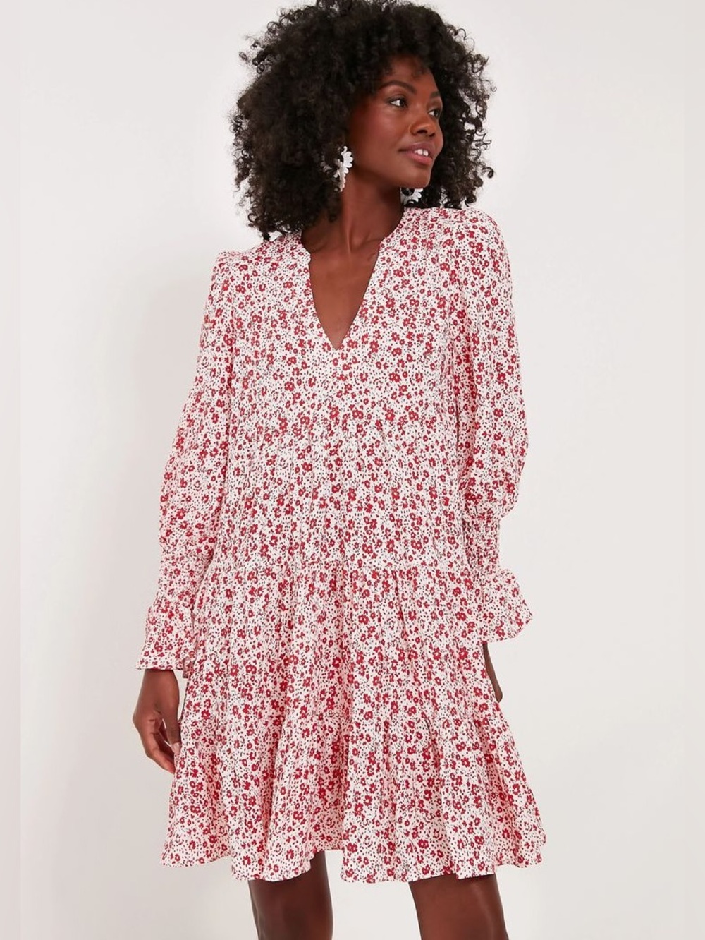 Pomander Place Kenzo Tiered Dress Red Ditzy Floral Print